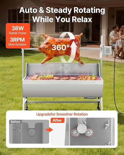 VEVOR Rotisserie Grill, 46in BBQ Outdoor Pig & Lamb Spit Roaster, Charcoal Spit Roaster with 132 LBS Capacity, Wheels, 4-Level Height, Stainless Steel Electric Rotisserie Grill Kit for Camping Outdoor