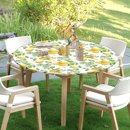 Lemon Round Fitted Tablecloth with Elastic Spring Summer Yellow Lemons Circle Table Cloth for 44-48" Round Tables Wipeable Waterproof Lemonade Party Farmhouse Table Cover for Picnic Dining Outdoor