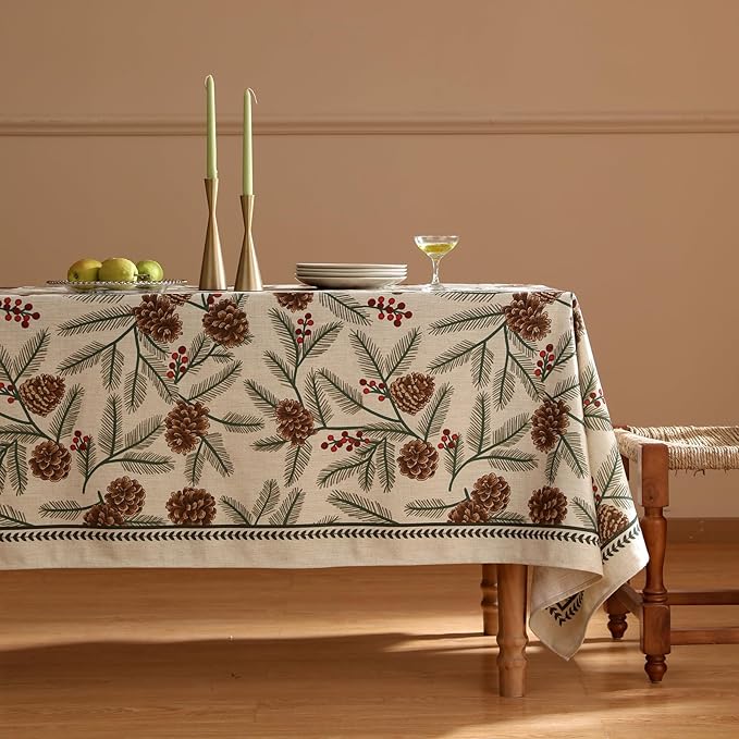 ISAENNE Designer Christmas Beige Linen Square Tablecloth,Pinecones Pattern Indoor Tablecloths,Wrinkle Resistant Decor Table Cloth for Dining Thanksgiving Kitchen Christmas,67"*67"-Carol B
