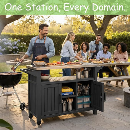 Kitchen Island Cart, 54" Outdoor Indoor Rolling Patio Serving Table with Stainless Steel Top, All-Weather Resin Cabinet with Storage & Wheels for BBQ Party, Black