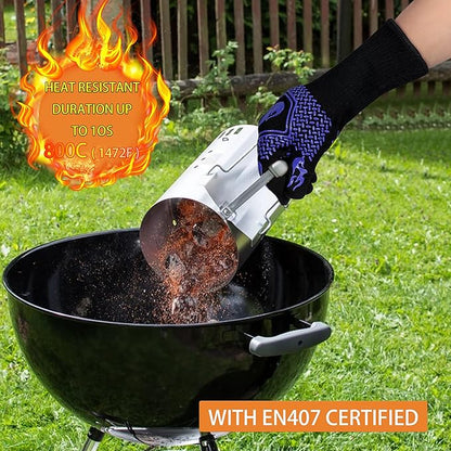 BBQ Fireproof Gloves, Grill Cut-Resistant 1472°F Heat Resistant Gloves, Non-Slip Silicone Oven Gloves, Kitchen Safe Cooking Gloves for Oven Mitts,Barbecue,Cooking, Frying,13.5 Inch-Blue