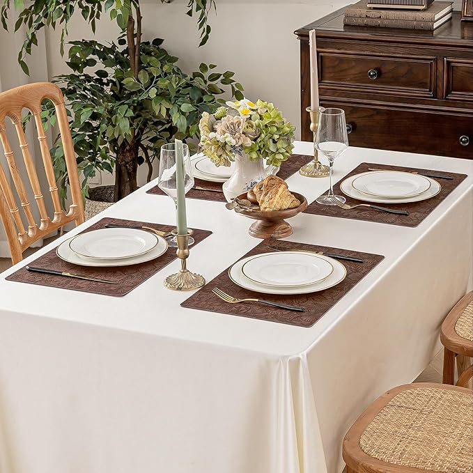 Romanstile Vinyl Placemats Set of 6-12 X 18 Inch - Heat Resistant Non-Slip Embossed Floral Place Mats 100% Waterproof Oilproof Wipeable Faux Leather Table Mats for Kitchen/Dining/Party, Brown