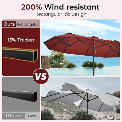 15ft Red Patio Umbrella with Base Included, Rectangle Double Extra Large Table - Image 5
