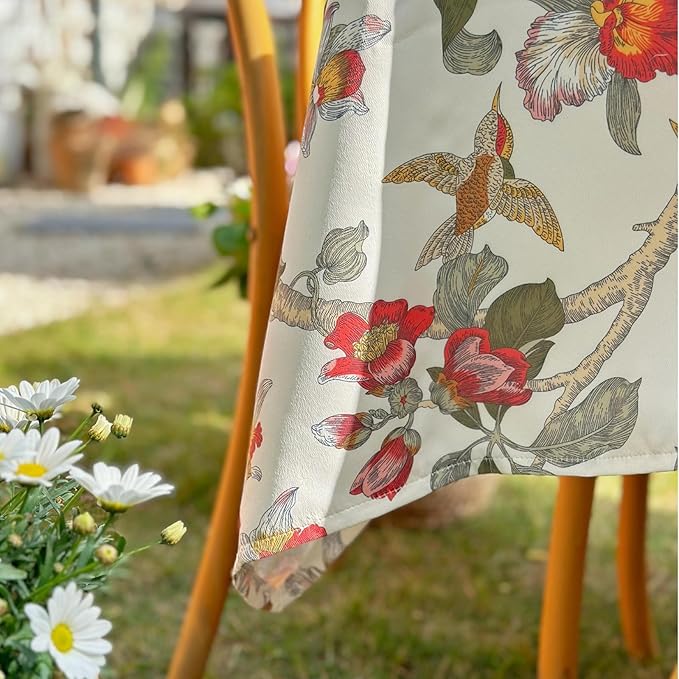 Rectangle Waterproof Tablecloth, Spring Summer Birds Floral Table Cloth, Decorative Fabric Table Cover for Indoor and Outdoor, 72 x 54 Inch, Red Flower
