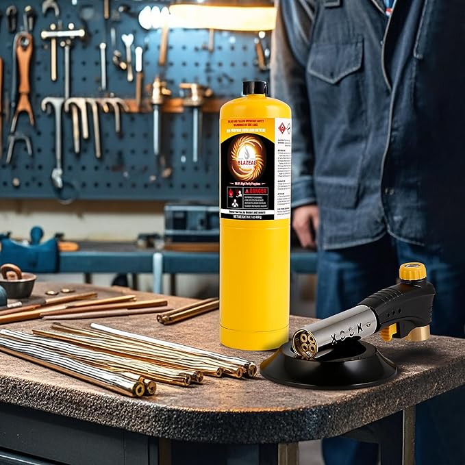 BLAZEAL Propane Torch Kit with 2x MAPP Gas,4-Flame Blow Torch Head with Propane Tank Base for MAP Gas,Work in All Angle,Trigger Start Torch Gun for Welding Brazing Soldering Grill Camping Cooking Food