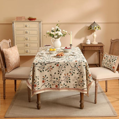 ISAENNE Designer Floral Square Tablecloth,French Linen Light Beige Indoor Table Cloth,Fall Wrinkle Resistant Home Decor Tablecloths for Dining Thanksgiving Kitchen Party,67"*67"-Flora A