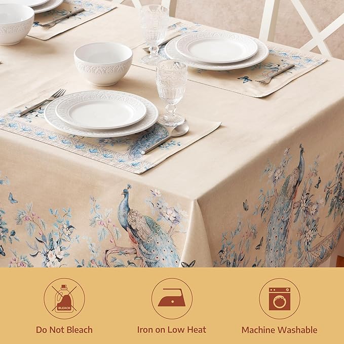 Maison d' Hermine Premium Table Cloth Rectangle Table 100% Combed Cotton 108 x 70 Inches Tablecloth Reusable Decorative for Dining Room, Home, Party, Festive & Wedding - Peacock Utopia - Sandy Beach
