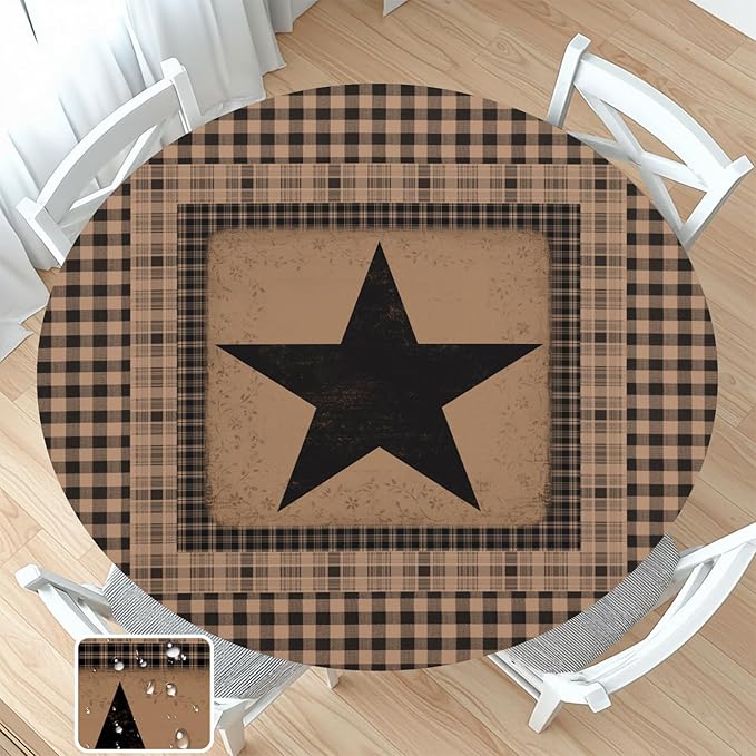 Western Texas Star Round Fitted Tablecloth with Elastic Vintage Black Brown Plaid Circle Table Cover for 36-40" Round Tables Stretch Waterproof Rustic Country Table Cloth for Kitchen Dining Patio