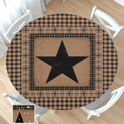 Western Texas Star Round Fitted Tablecloth with Elastic Vintage Black Brown Plaid Circle Table Cover for 36-40" Round Tables Stretch Waterproof Rustic Country Table Cloth for Kitchen Dining Patio
