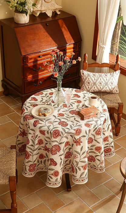 ISAENNE Designer French Small Round Tablecloth,Linen Orange Floral Pattern Indoor Table Cloth,Wrinkle Resistant Decor Table Cloth for Dining Thanksgiving Kitchen Party,Diameter 55"-Alvarado D