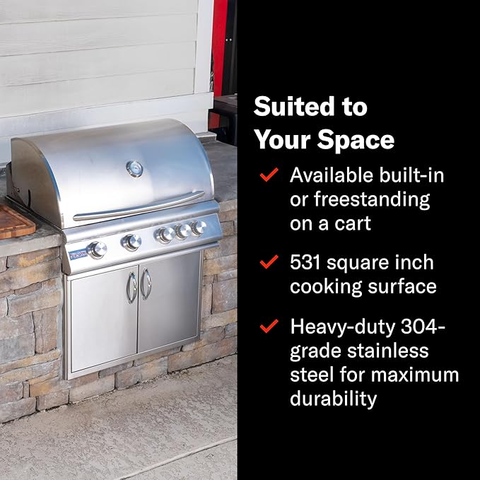 Blaze 32-Inch 4-Burner Built-In Natural Gas Grill | 66,000 BTU | Rear Infrared Burner & Grill Lights | 304 Stainless Steel Construction | BLZ-4LTE2-NG