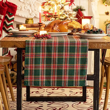 Green Red Plaid Christmas Table Runner, Winter Holiday Table Runners 48 inches Long, Xmas Decorations Indoor Outdoor Farmhouse Home Kitchen Dining Party Decor