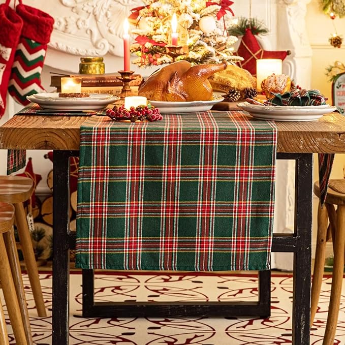 Green Red Plaid Christmas Table Runner, Winter Holiday Table Runners 90 inches Long, Xmas Decorations Indoor Outdoor Farmhouse Home Kitchen Dining Party Decor