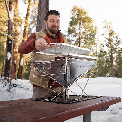 Explorer Bear 20" Stainless Steel Foldable Takibi Fire & Grill with Carrying Bag, Bridge, and Coal Bed | Portable Wood Burning Grill and Fire Pit | Perfect for Camping, Outdoors, Patios