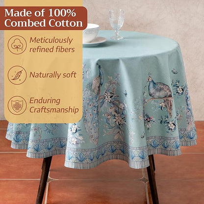 Maison d' Hermine Premium Table Cloth Round Table 100% Combed Cotton 70" Diameter Inches Tablecloth Reusable Decorative for Dining Room Home Party Festive Wedding - Peacock Utopia - Pastel Turquoise