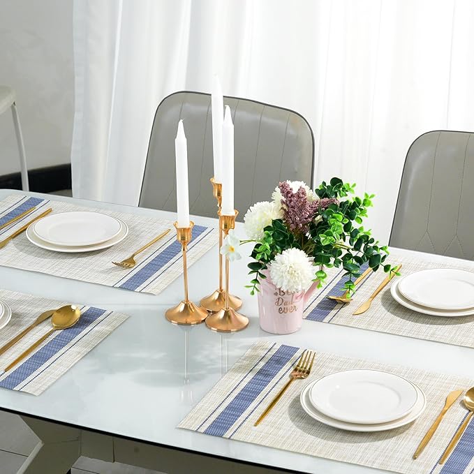 Placemats Set of 6，Non-Slip PVC Weave Table Mats Easy to Clean，Heat Resistant Place Mats for Kitchen Dining Table Decoration Indoor Outdoor，Khaki Blue