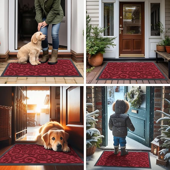 Smiry Welcome Door Mat Outside Entrance, Heavy Duty Trap Dirt and Moisture Easy Clean Low Profile Patio Porch Indoor Outdoor Front Doormat for Entry, 36x24 Inch, Burgundy