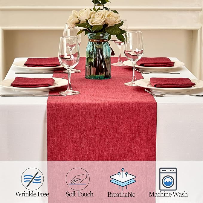 Mebakuk Linen Farmhouse Table Runner Large Burlap Style Soft and Waterproof Decorative Fabric Runner for Outdoor Wedding and Dinner (14 x 72 Inch, Red)
