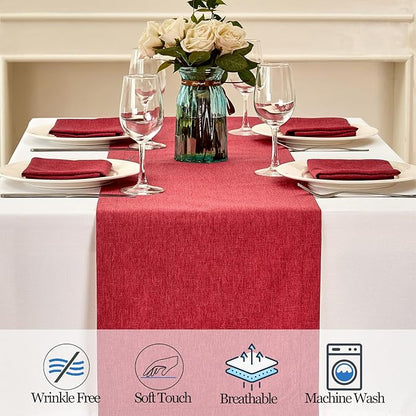 Mebakuk Linen Farmhouse Table Runner Large Burlap Style Soft and Waterproof Decorative Fabric Runner for Outdoor Wedding and Dinner (14 x 108 Inch, Red)
