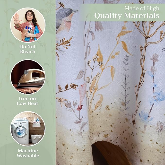 Maison d' Hermine Table Cloth Round Table 100% Cotton 63 Inches Tablecloth Reusable Decorative for Dining Room, Farmhouse, Home, Party, Festive & Wedding Spring Summer - Meadow Florals - Beige