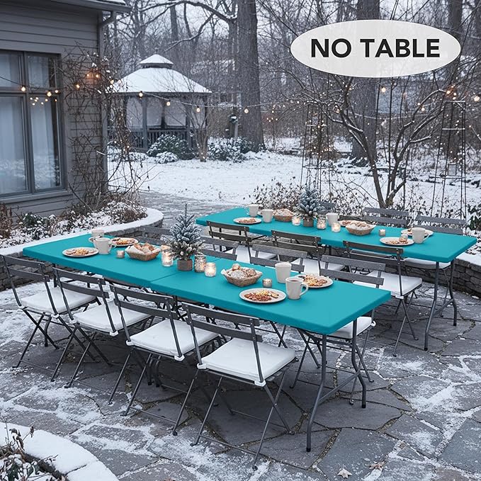 LUSHVIDA 6 Packs Vinyl Tablecloths with Flannel Backing for 8ft Rectangle Folding Table Cloths - Waterproof Plastic Picnic Table Covers with Elastic Corners, 30x96 inch, Teal