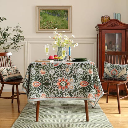 ISAENNE Designer Bohemian Linen Green Small Rectangular Tablecloth,Floral Indoor Table Cloth,Stain Resistant Decor Tablecloths for Dining Thanksgiving Kitchen Party Christmas,55"*71"-Naples
