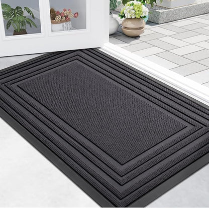 Buganda Front Door Mat Indoor Outdoor Entrance, Non-Slip Natural Rubber Doormats, Easy Clean, Low Profile, Dirt Trapper Entryway Floor Mats for Outside, Garages and Patios, 29.5x17, Light Grey