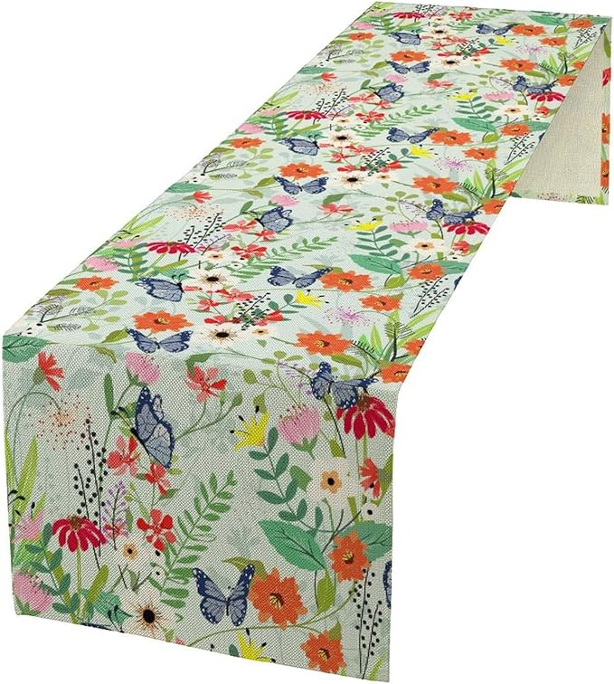 Butterfly Table Runner, Colorful Wildflower Butterfly Spring Table Runner for Holiday Kitchen Dining Home Party Outdoor 13x108in