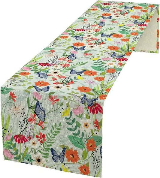 Butterfly Table Runner, Colorful Wildflower Butterfly Spring Table Runner for Holiday Kitchen Dining Home Party Outdoor 13x108in