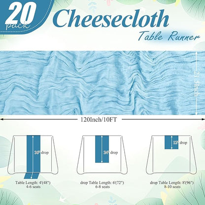20 Packs Cheesecloth Table Runner 10FT Long Boho Gauze Fabric Table Runner Vintage Rustic Sheer Runners for Wedding Party Bridal Baby Shower Table Decorations (Light Blue )