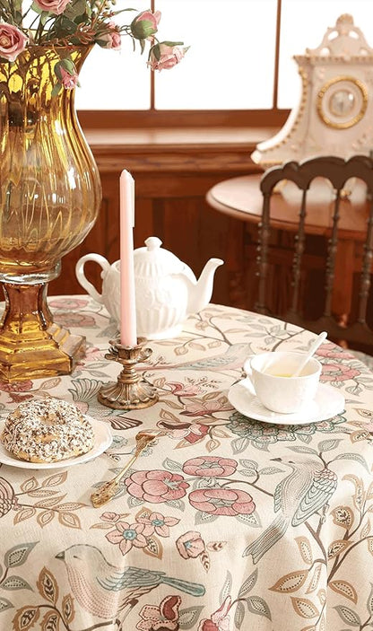 patdrea Designer Vintage Round Tablecloth,Pink Linen Table Cloth with Birds Pattern,Colorful Decoration French Table Cover for Kitchen Dining,Party,Thanksgiving,Christmas,Diameter 67"-Kulom a