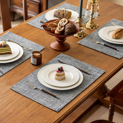 KXN Placemats Set of 6, Dual-Layer Thickened Faux Linen Table Mats, Heat Resistant & Wrinkle-Free, Machine Washable Cloth Place Mats for Kitchen Dining Indoor Outdoor (Light Gray)