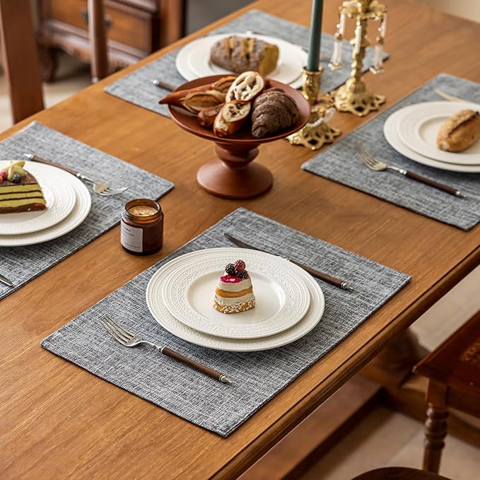 KXN Placemats Set of 8, Dual-Layer Thickened Faux Linen Table Mats, Heat Resistant & Wrinkle-Free, Machine Washable Cloth Place Mats for Kitchen Dining Indoor Outdoor (Light Gray)