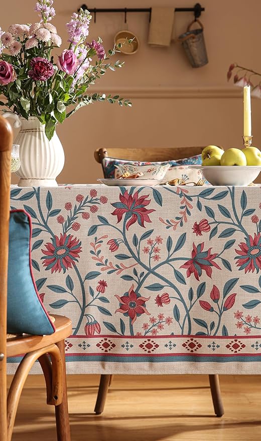 Designer Linen Small Square Red Tablecloth,Vintage William Morris Wrinkle Resistant Floral Table Cloth,Decor Table Cover for Kitchen,Dining,Thanksgiving,Christmas,55"*55"-Dorodango B