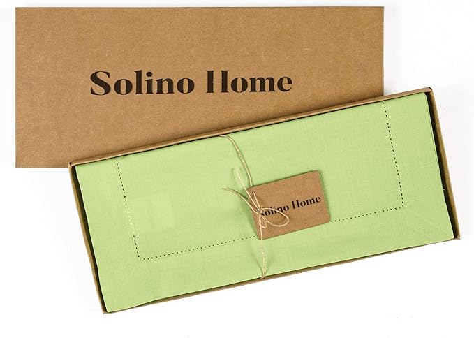 Solino Home Cotton Linen Table Runner 120 Inches Long - Hemstitch Apple Green Dining Table Runner 14 x 120 Inch for Spring, St Patricks Day, Easter