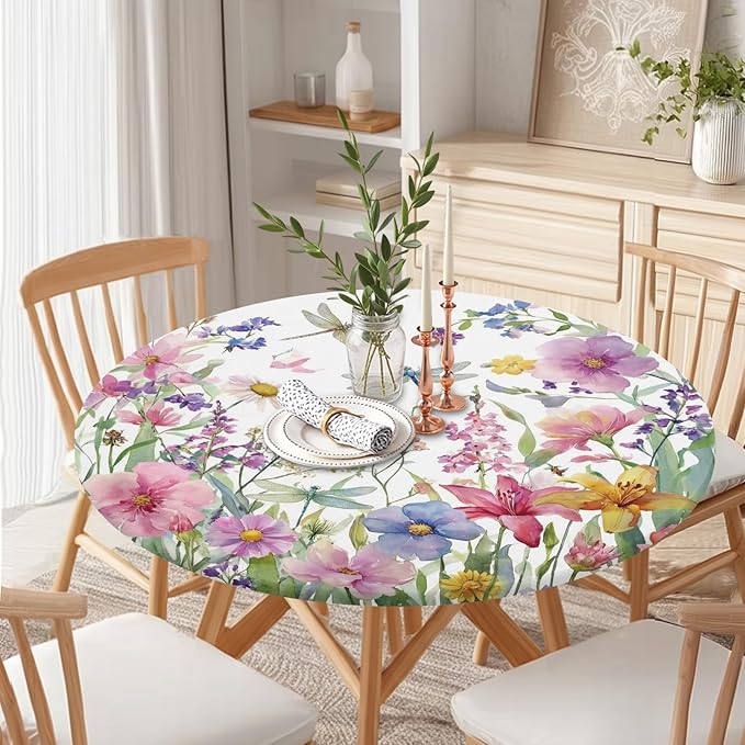 Spring Summer Floral Round Fitted Tablecloth with Elastic Wildflower Dragonfly Circle Table Cloth for 44-48" Tables Farmhouse Easter Flowers Stretch Waterproof Table Cover for Picnic Outdoor Dining