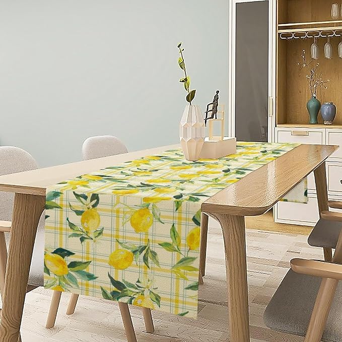 Yellow Plaid Lemon Table Runner Nature Watercolor Plant Countryside Farm Fruit Aesthetic Dining Table Decoration for Home Holiday Party Dresser Kitchen Cabin Restaurant Wedding Decor 13×70in