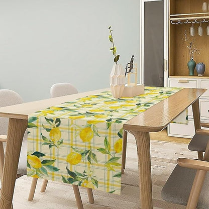 Yellow Plaid Lemon Table Runner Nature Watercolor Plant Countryside Farm Fruit Aesthetic Dining Table Decoration for Home Holiday Party Dresser Kitchen Cabin Restaurant Wedding Decor 13×60in