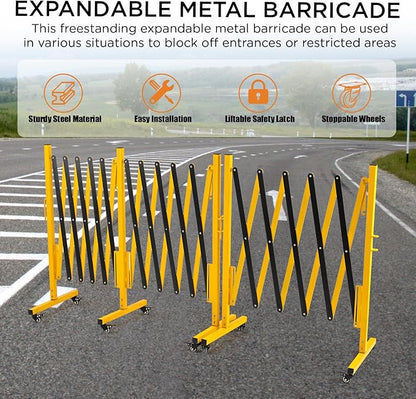 TECSPACE Industrial Expandable Metal Barricade, Expansion Size 16.4 FT, Yellow and Black,Durable Steel Safety Barricade with casters, Flexible Mobile Barrier Gate, Adjustable Traffic Fence