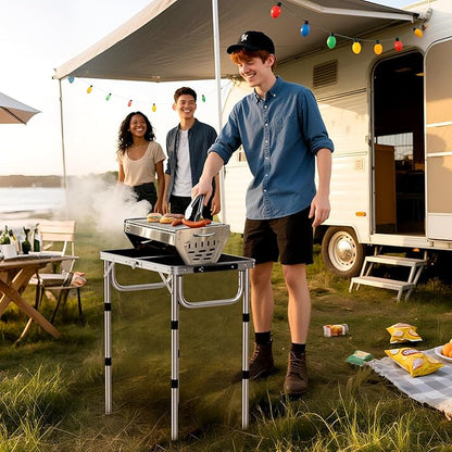 Anbte 2ft Folding Grill Table, Adjustable Height Max 27.5" Aluminum Camping Table, Heat-Resistant Tabletop, Lightweight, Portable Handle for Travel Cooking BBQ Picnic, 22.8" x 16", Silver