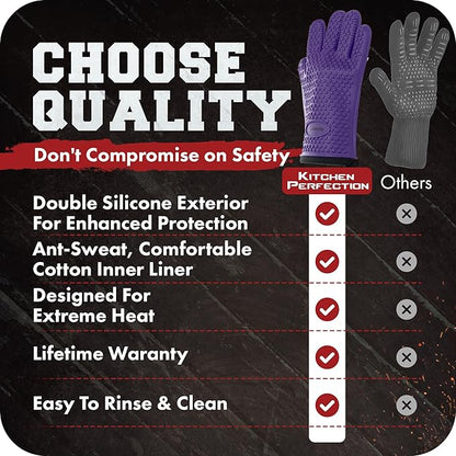 KITCHEN PERFECTION XL Silicone Smoker Oven Gloves -Extreme Heat Resistant BBQ Gloves -Handle Hot Food Right on Your Grill Fryer & Pit | Waterproof Oven Mitts Grill Gloves |Superior Value Set+3 Bonuses