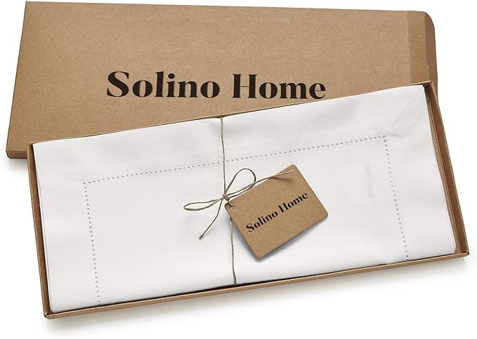Solino Home White Table Runner 132 Inches Long - Cotton Linen Hemstitch Extra Long Table Runner 14 x 132 Inch for Winter, Valentines, Spring, Easter