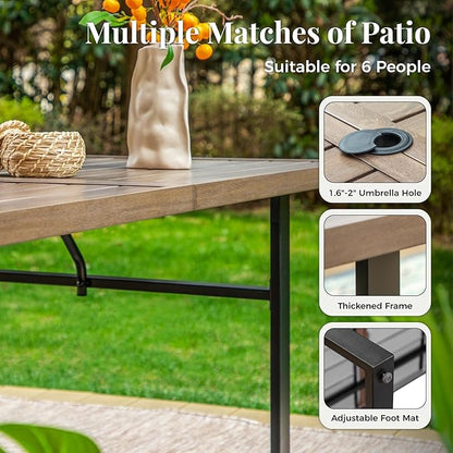 Outdoor Patio Dining Table for 6, Teak Rectangle Patio Table with Umbrella Hole, All Weather Wrought Iron Black Outdoor Table for Garden Backyard Lawn Yard