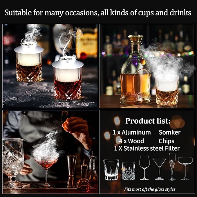 Cocktail Smoker Kit AOKE Metallic Whiskey Smoker Kit with 4 Flavors Wood Chips for Whiskey and Bourbon Old Fashioned Smoker Kit for Enhancing Drink Flavors Whiskey Gifts for Men Father's Day