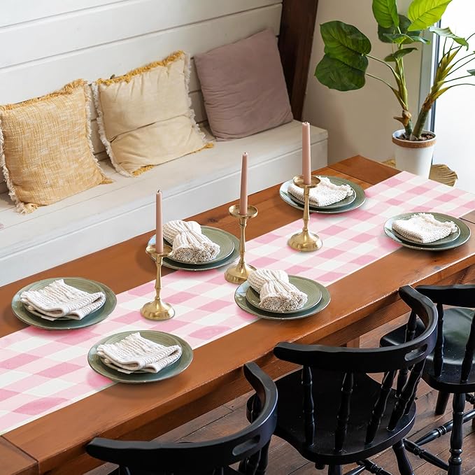 Fabric Checkered Table Runner 12 Pack Waterproof Gingham Table Runner 14W x 108L Buffalo Check Table Runners for Parties Kitchen Dining Wedding Banquet (Pink and White)