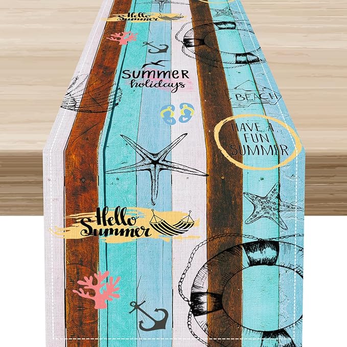Retro Summer Table Runner, Coastal Starfish Beach Seashell Ocean Nautical Wooden Plank Seasonal Coffee Table Center Decor for Home Kitchen Dining Patio Holiday Party Table Decorations 13"x72"