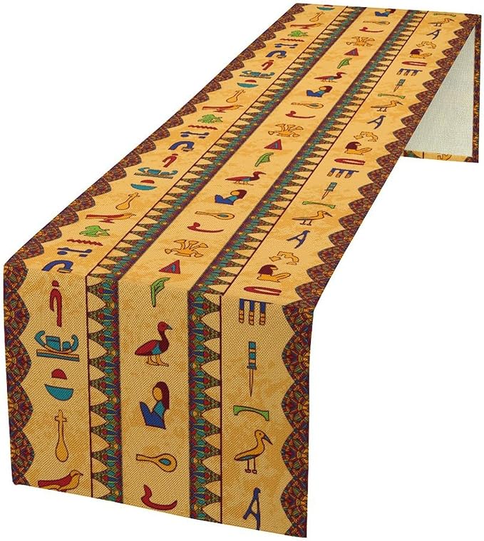 Egyptian Table Runner, Colorful Ancient Egyptian Hieroglyphs Floral Geometric Table Runner for Kitchen Family Dining Holiday Party Farmhouse 13x36in