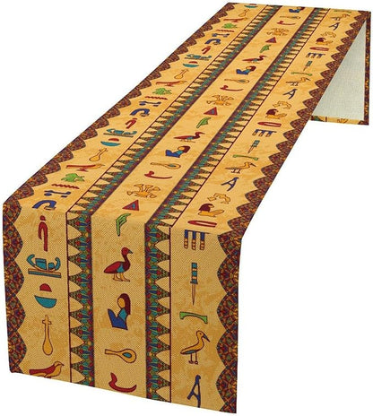 Egyptian Table Runner, Colorful Ancient Egyptian Hieroglyphs Floral Geometric Table Runner for Kitchen Family Dining Holiday Party Farmhouse 13x60in