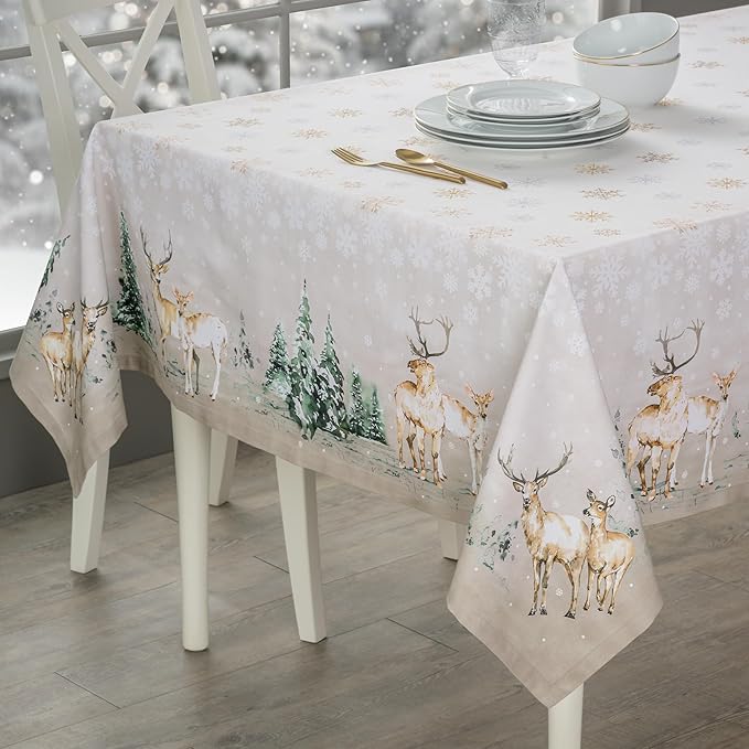 Maison d' Hermine Table Cloth Rectangle Table 100% Cotton 70 x 108 Inches Fall Tablecloth Reusable Everyday Use for Thanksgiving Christmas Decorations Dining Farmhouse Party (Deer in The Woods)