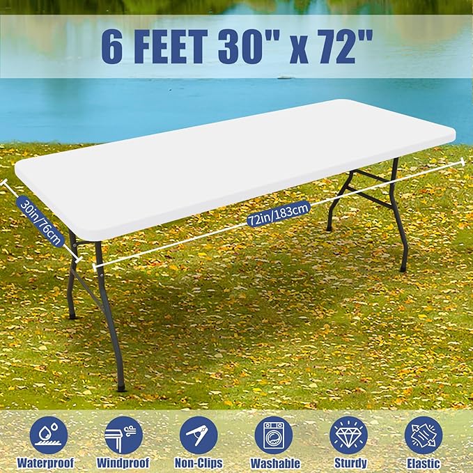 Spandex 6 Foot Rectangle Table Cloth 6 Pack, Elastic Fitted Tablecloths for Picnic, Stretch Washable Patio Table Cover for Outdoor, Camping, Banquet and Parties (White, 30"x72")